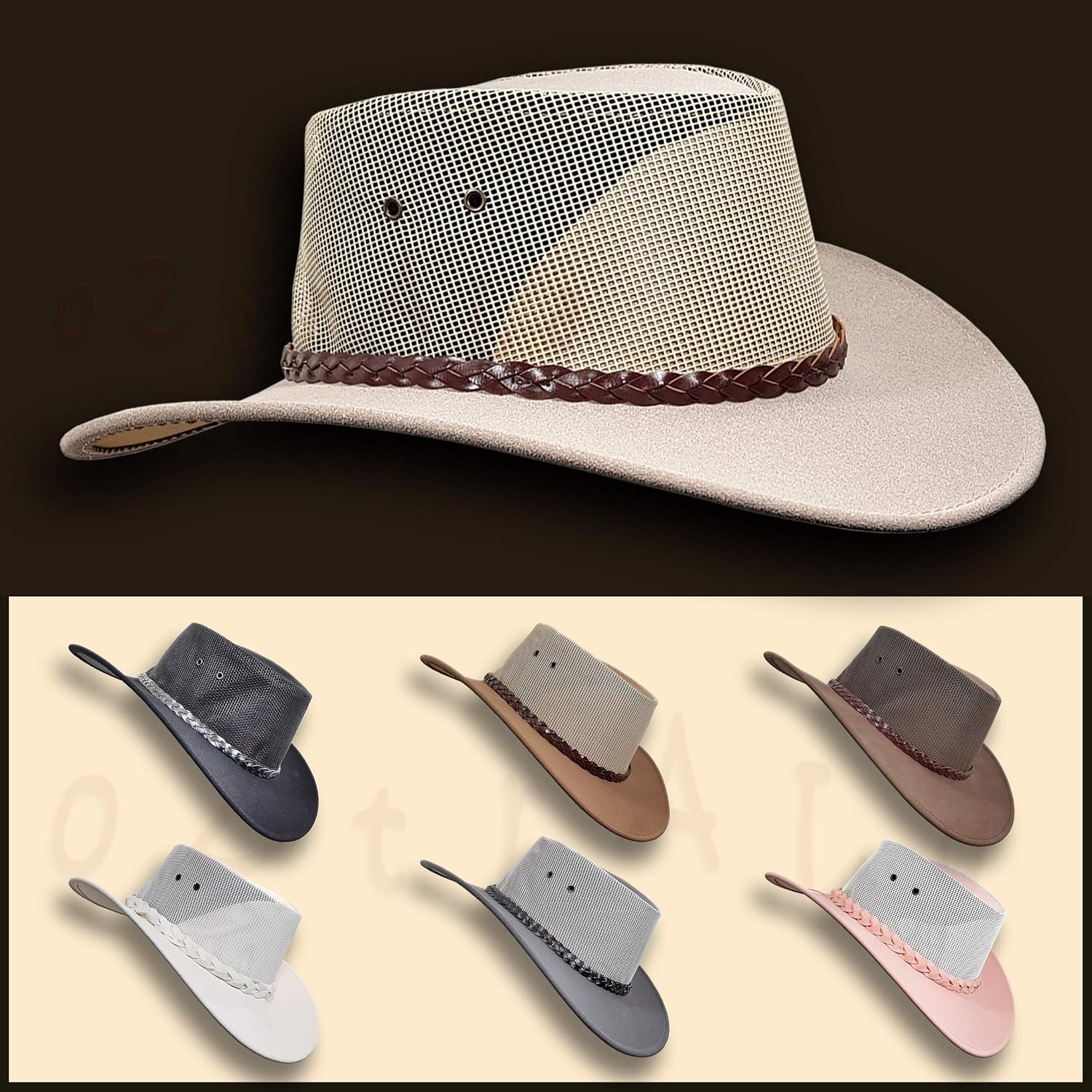 Oztrala HAT Australian Outback P-Leather Felt Mesh Breezer Cowboy Aussie Jacaru Golf HSRZ US 7 1/8 Sand